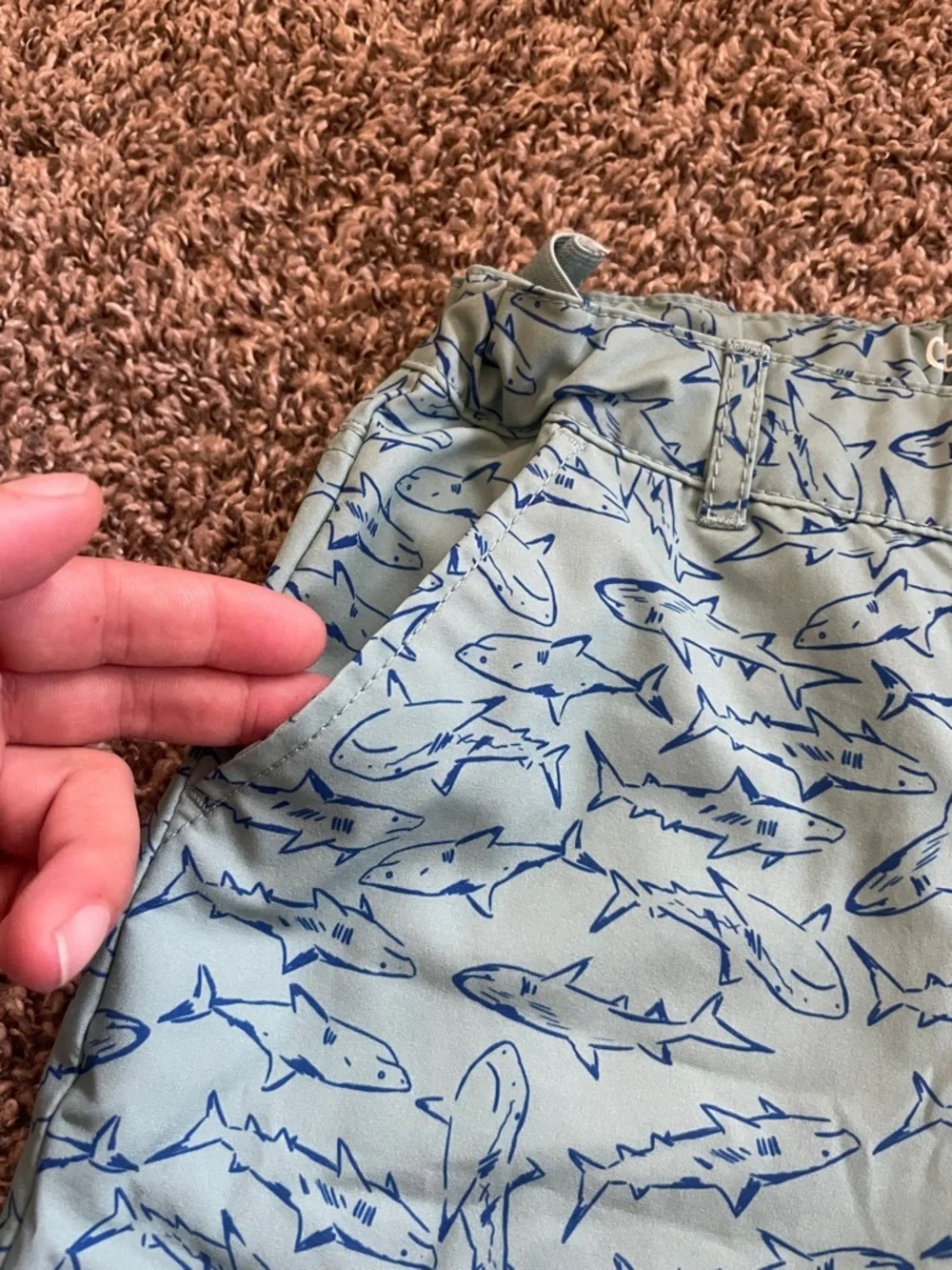 Cat & Jack Light Blue Swim Trunks with Navy Shark Pattern